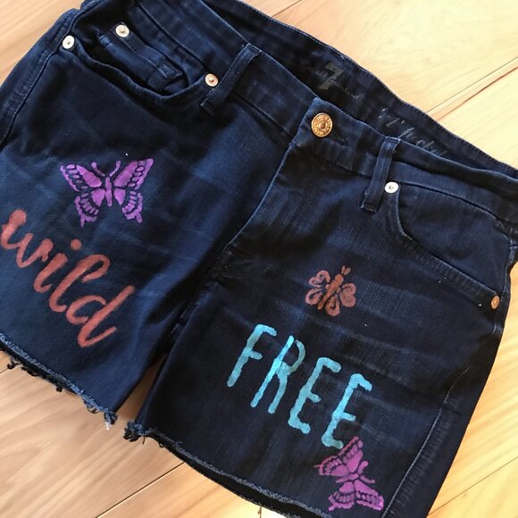 Upcycled 7 For All Mankind Fringy Painted Cutoffs, Wild Free, Size 28 Waist - Picture 6 of 10